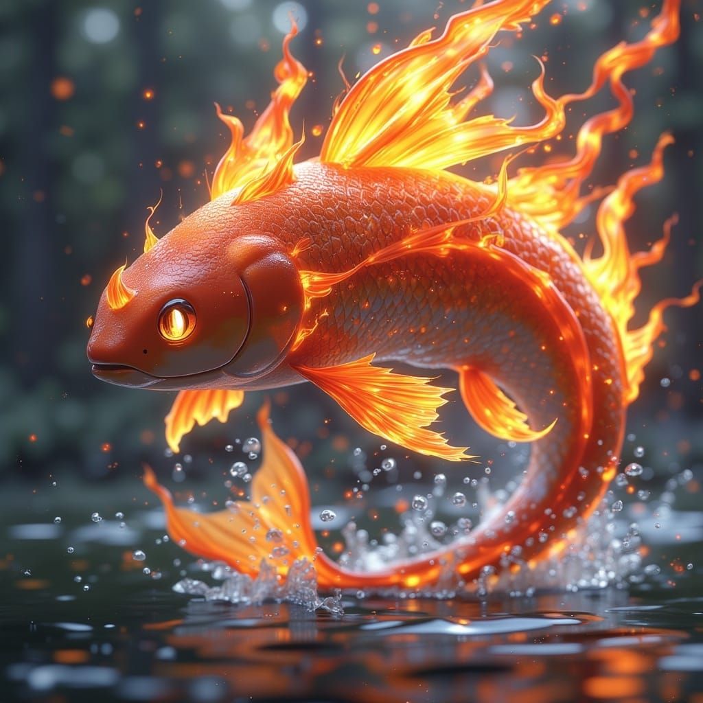 <lora:Fantasy Creatures:1.0> A Fire/Water-type fish Pokémon with fins ablaze and the ability to boil water around it, in the style of carto...