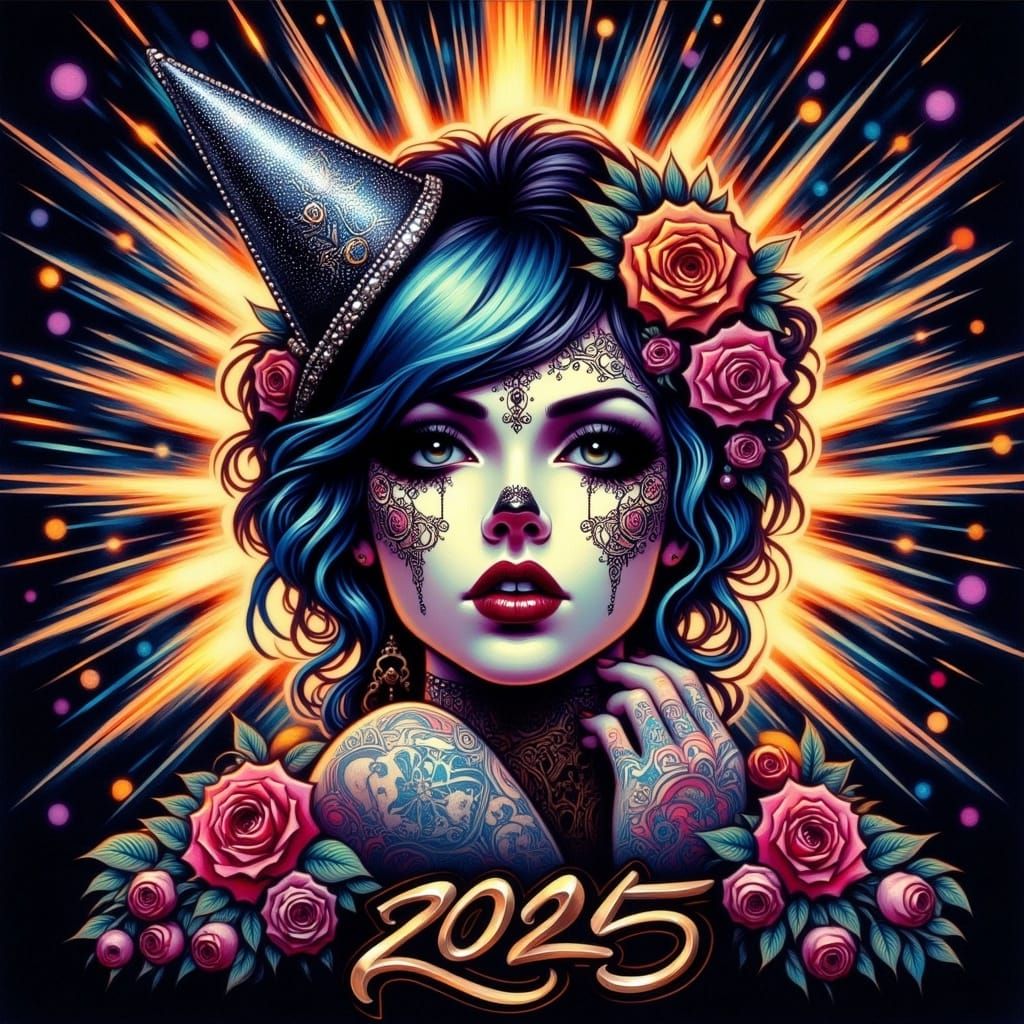 Vibrant Gothic Woman Celebrates New Year Amidst Fireworks