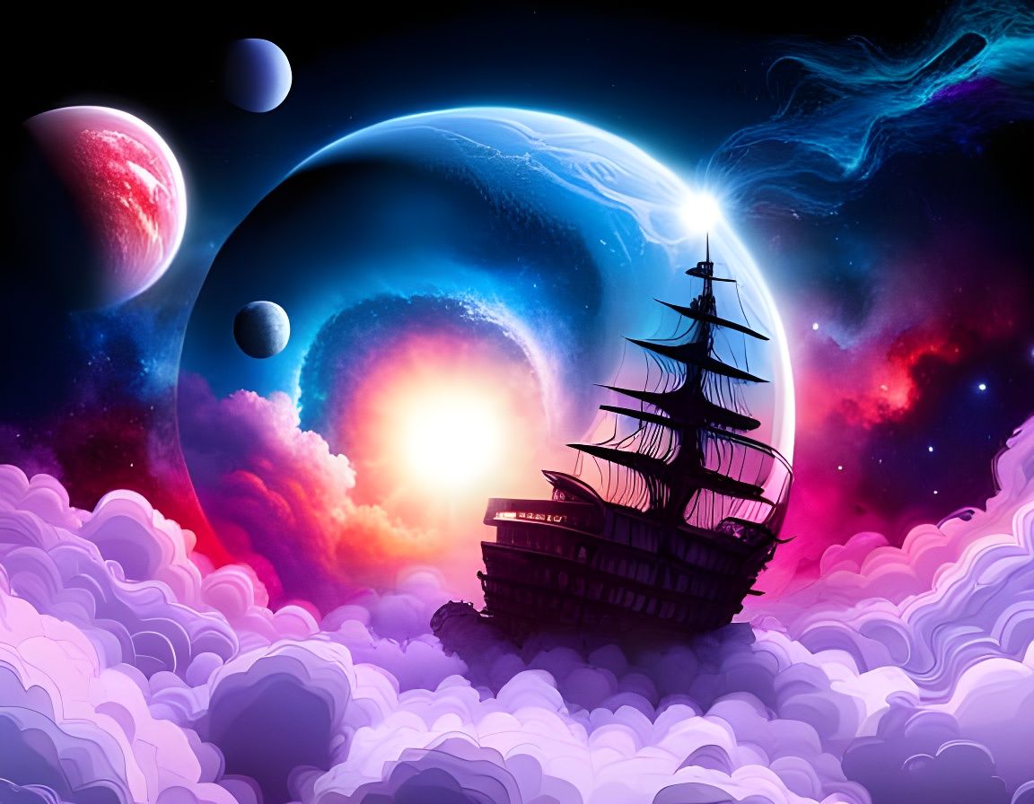beautiful pirate ship floating in outerspace, 50s aesthetic, surrealism, vintage future, retro sci-fi, ...  by @AutumnBear