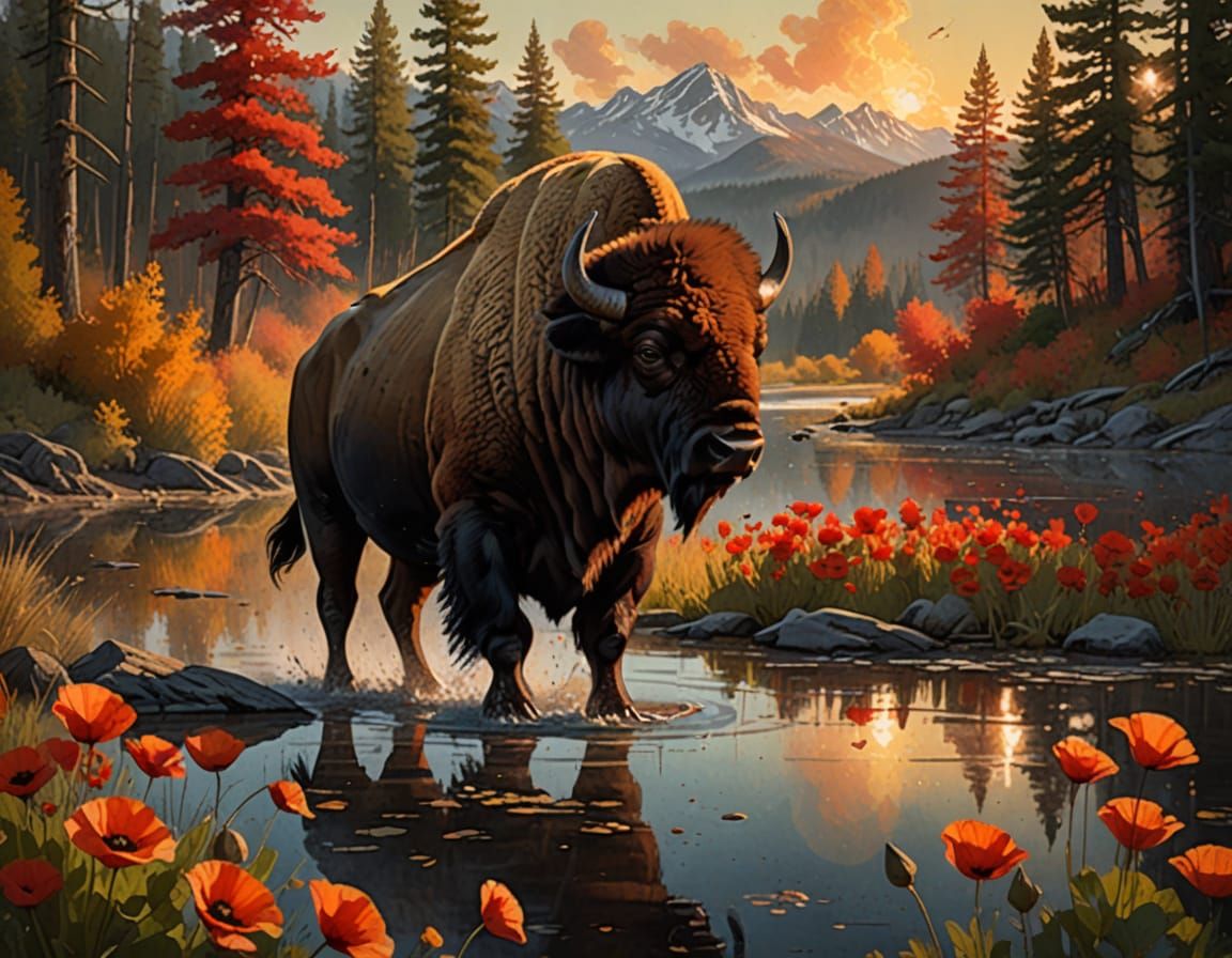 Bison in autumn nature.