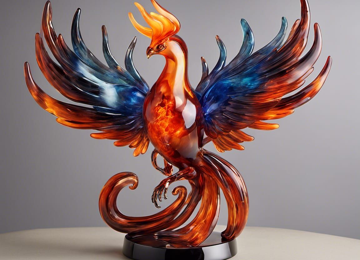 mythical blown glass phoenix with fiery, translucent wings that seem to