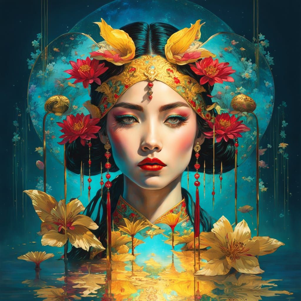 Dark Fantasy Geisha in Shimmering Kimono Amidst Celestial La...