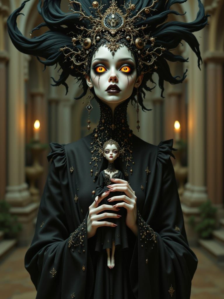 "Ethereal woman with dramatically elongated neck and enormous hypnotic eyes, delicately holding a handcrafted voodoo doll, intricate sigils ...