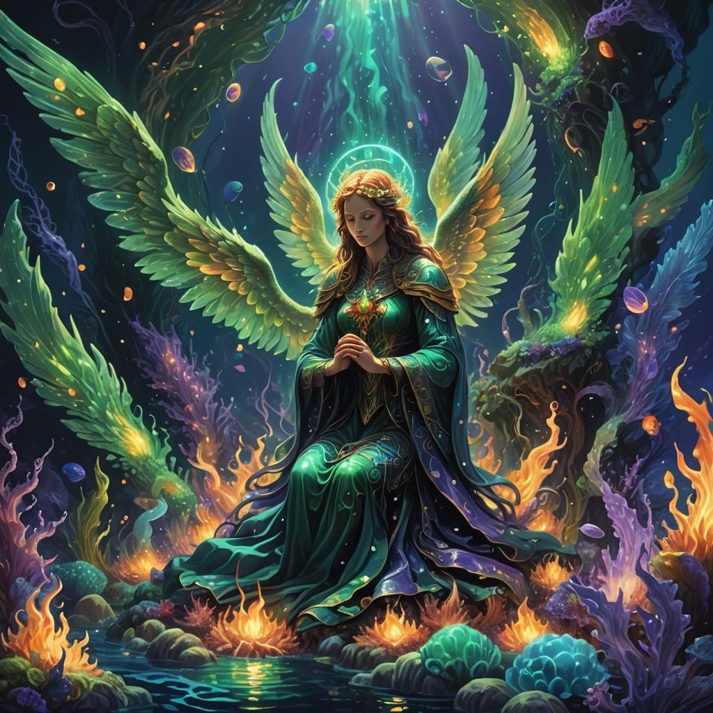 Guardian  angel  in the green psychedelic fire of the deep ocean