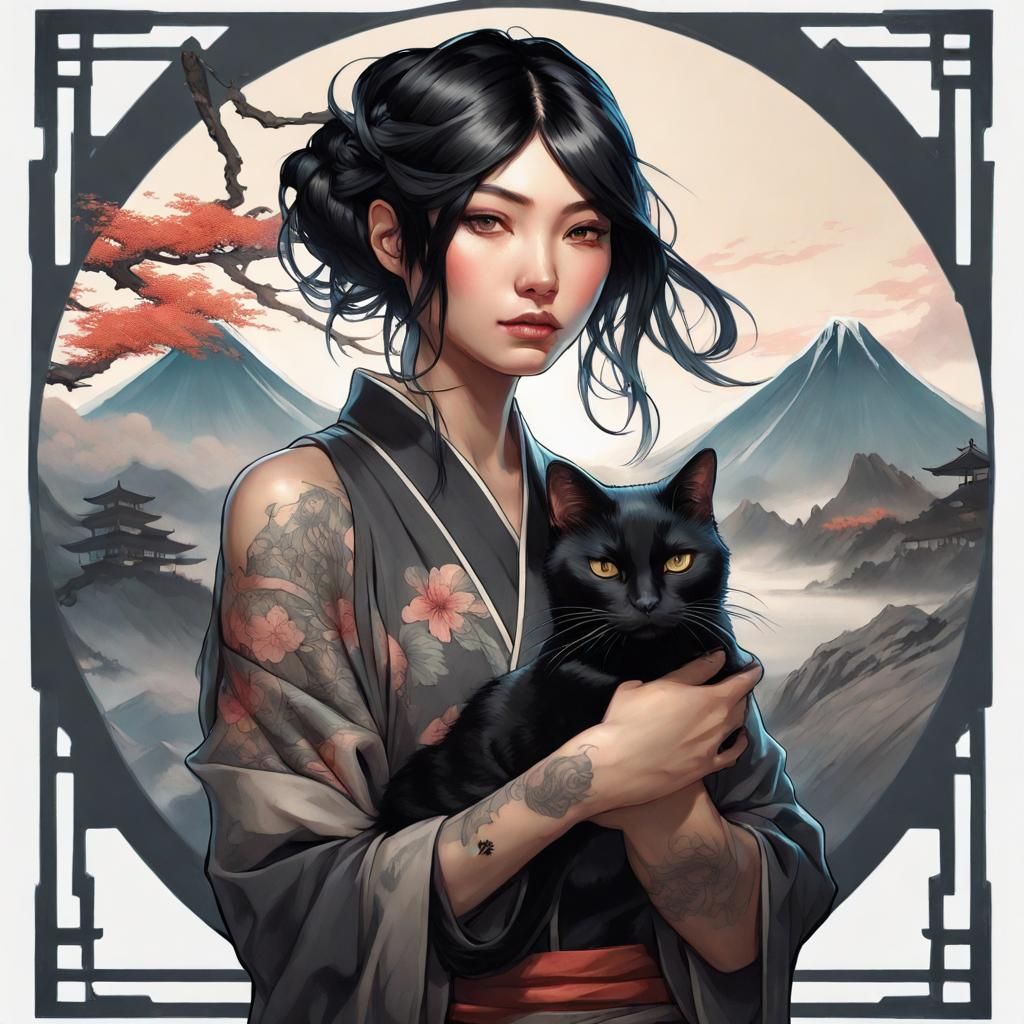 Black hair girl with japanese tattoo and black cat on hands, background Fujiyama.  by @John Shulinok