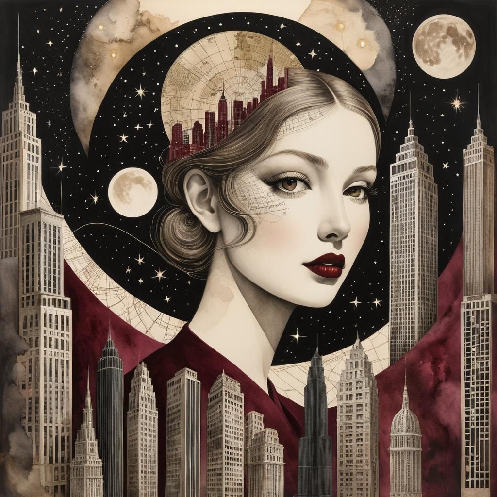 A drawing portrait collage sepia and burgundy colors charcoa...