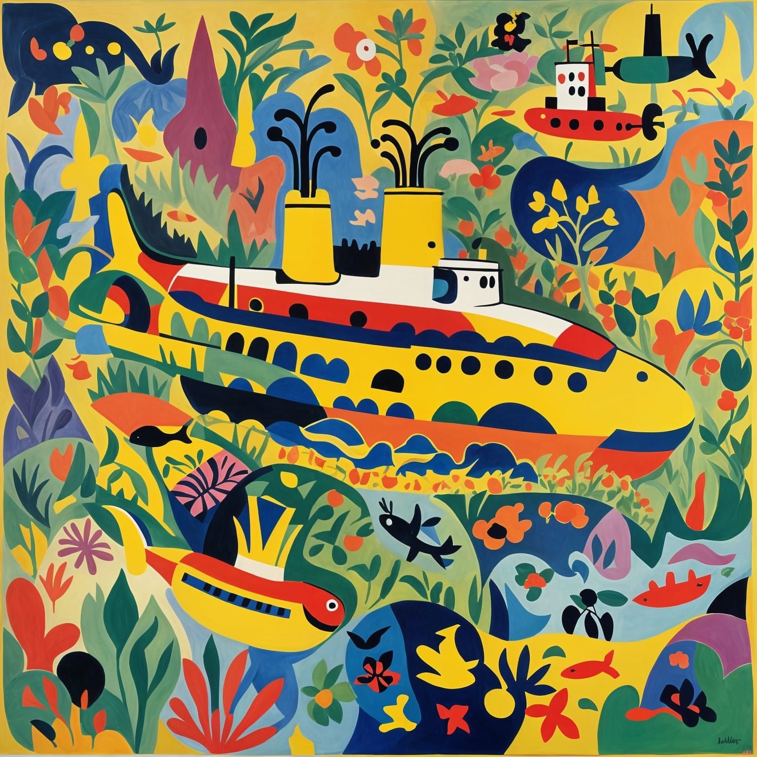 The yellow submarine by the Beatles interpreted by Henri Matisse, oil on canvas, vivid shapes and colors