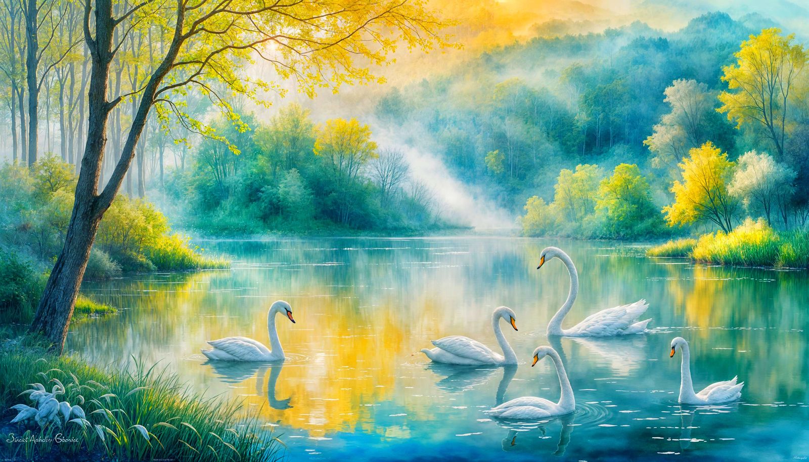 Mystical Watercolor Swans at Golden Hour
