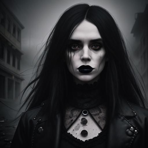 goth coffee shop. fog. smoke. rain. female goth fashion mode...