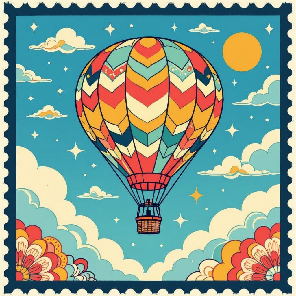 Hot Air Balloon Postage Stamp in Whimsical Style