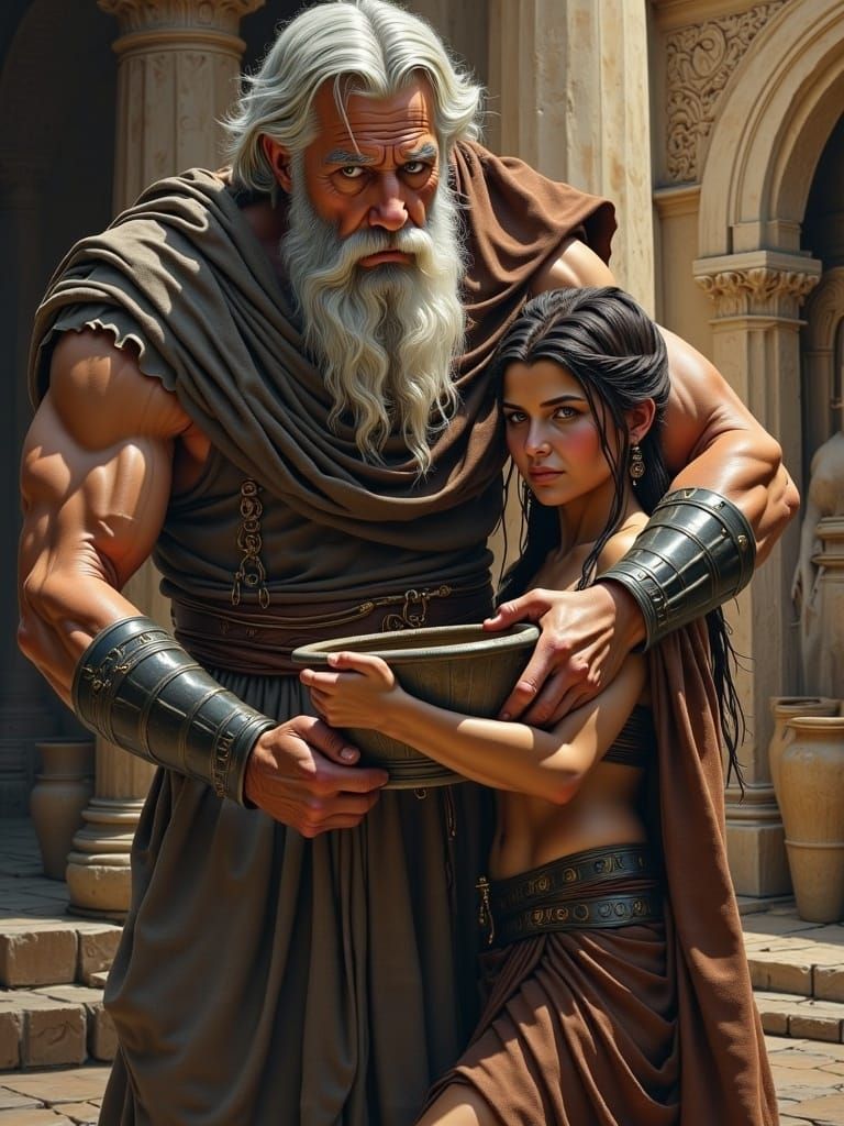 Models of <lora:Ancient Beauty2:1.0> 1ancient grizzled muscular elder in grey toga pour water from large barrel in one clay pot carried by 1...