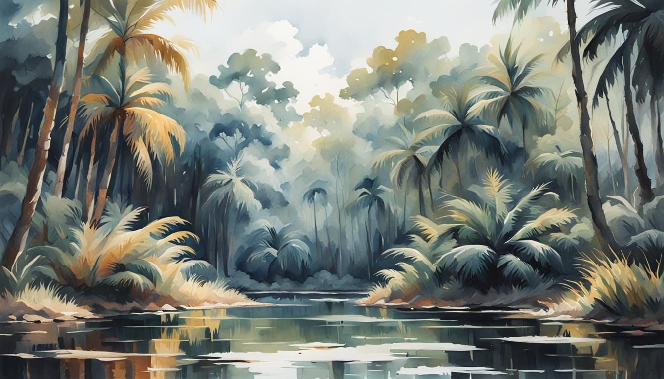 Tropical Pond Watercolor Painting with Dark Shadows