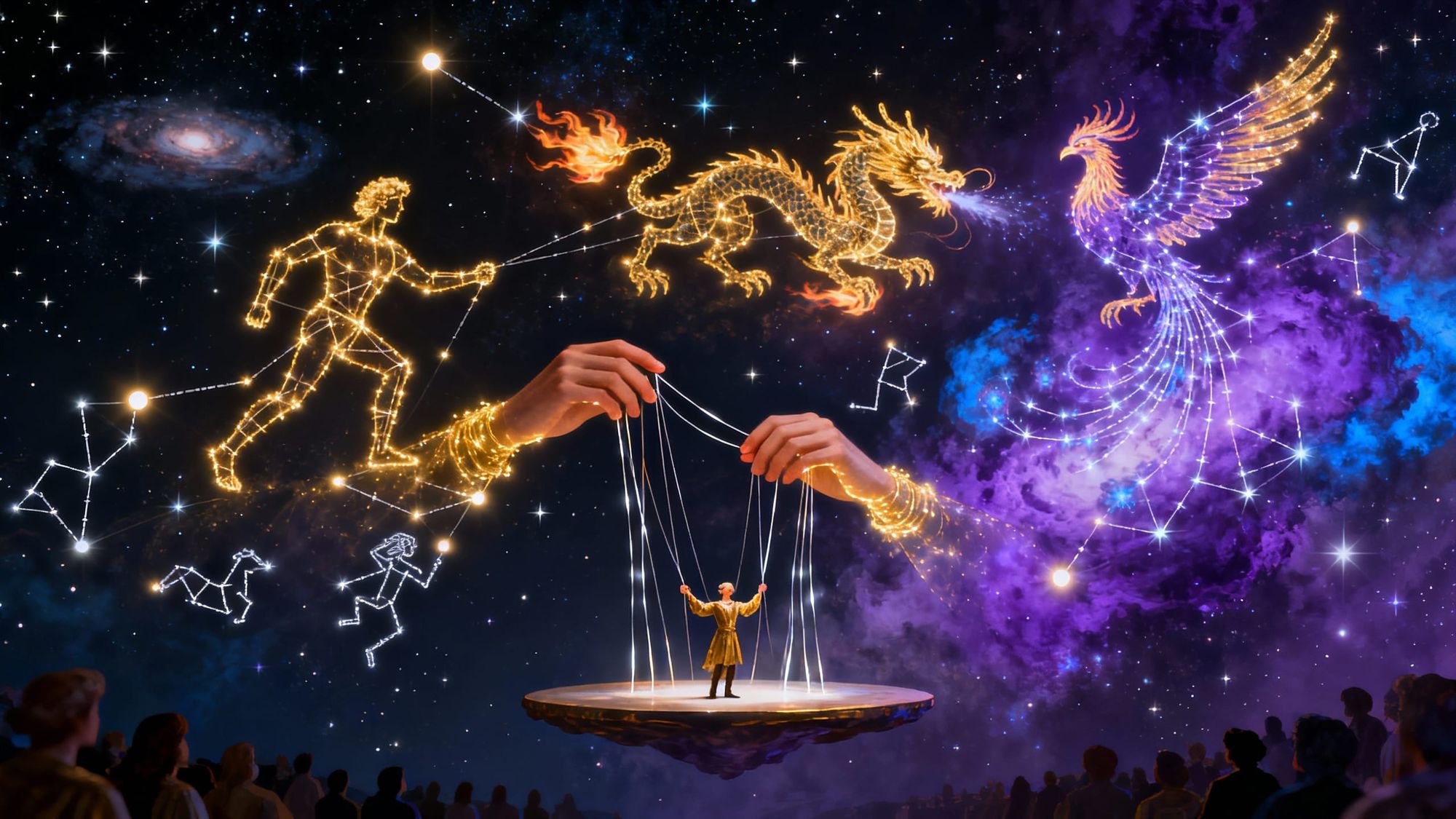 Cosmic puppeteer stands on floating platform in deep space, countless glowing strings extend from hands upward to distant stars, pulling str...