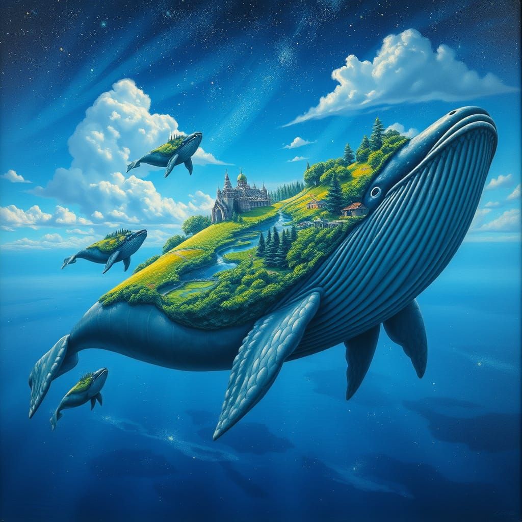 Depict enormous whales soaring in the endless blue sky. On their backs, you can see forests, fields, ...  by @Olaf