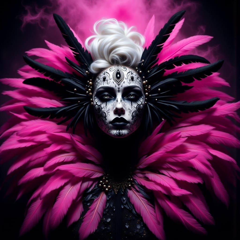 Regal Ritual Masked Woman in Vibrant Feathers