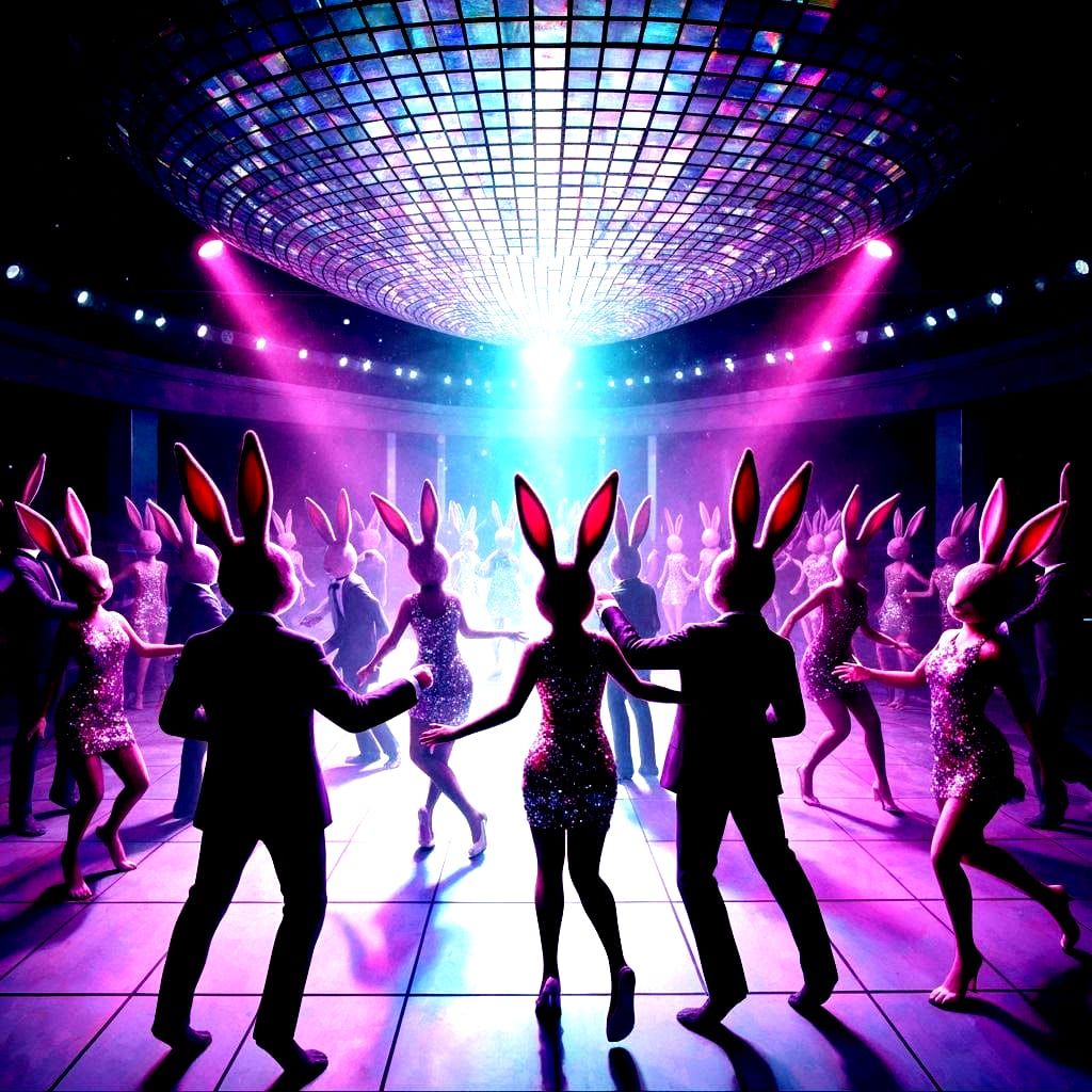 A cosmin disco club with a dance floor filled with dancing bunny rabbits dressed in micro dresses and suits. 8k resoluti...