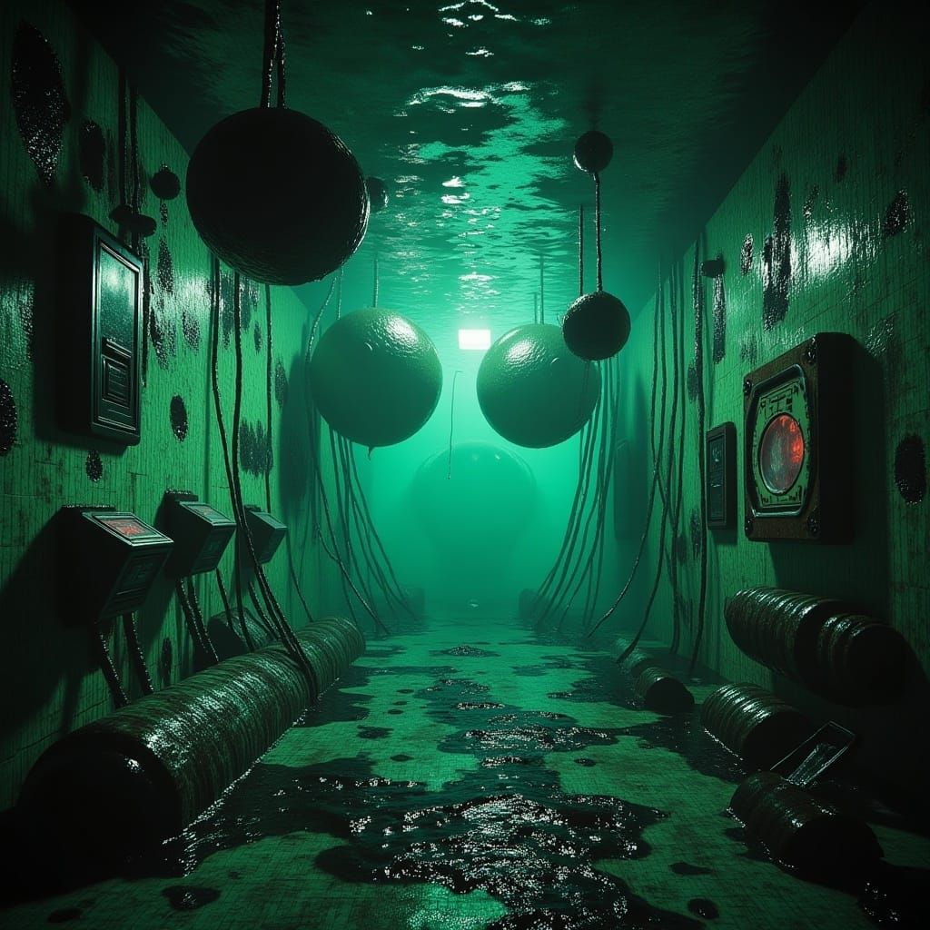 <lora:Submechanophobia v2:1.0>
80s horror movie scene: Submechanophobia aesthetic, Liminal underwater research center