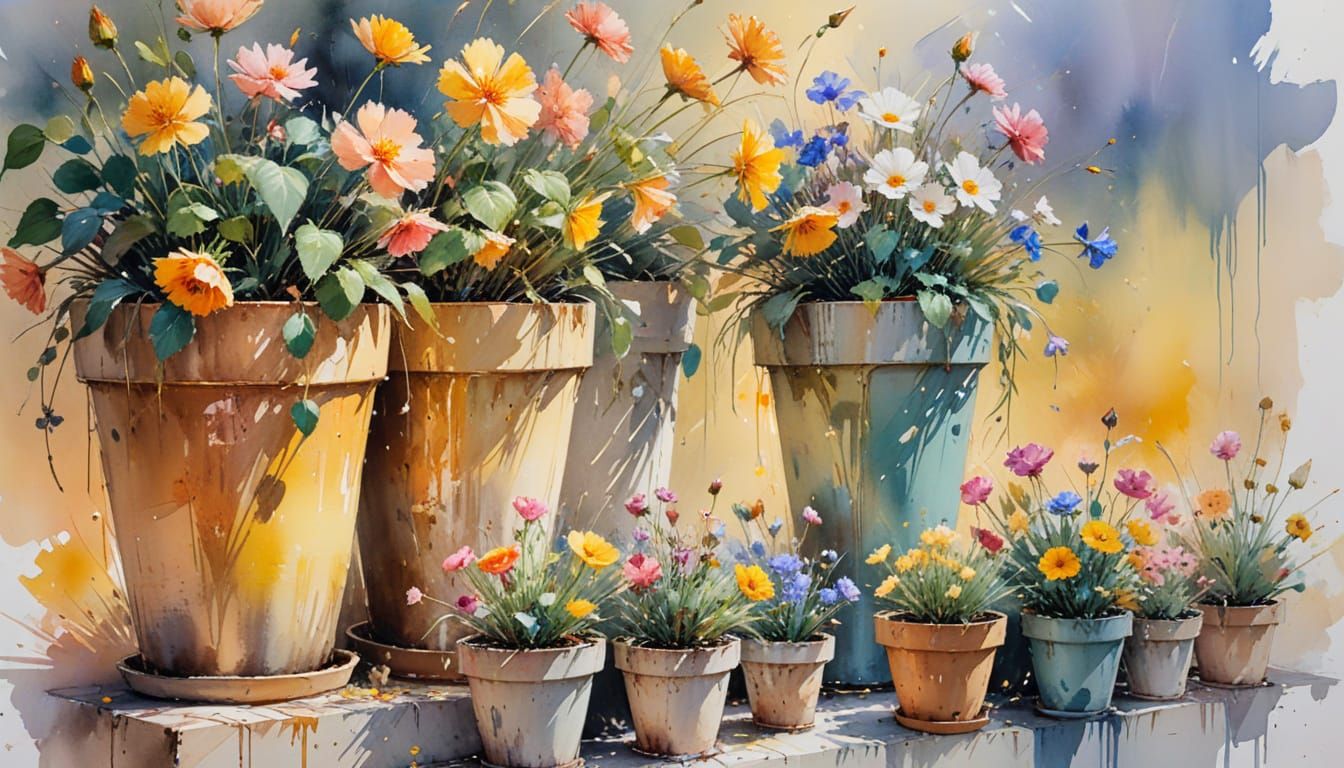 Colorful Flowers in Pots as Watercolor Impressionism