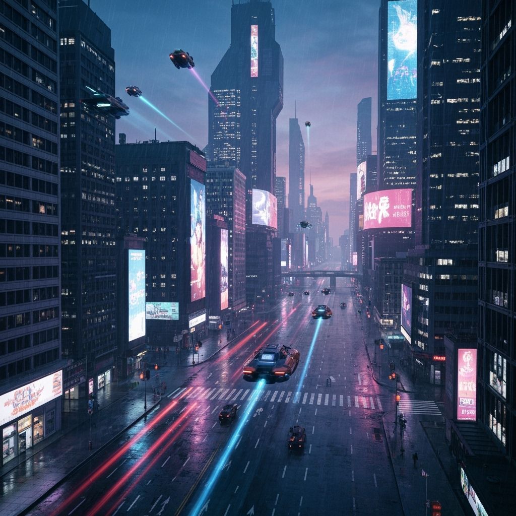 Neon Cityscape at Dusk in Futuristic Style