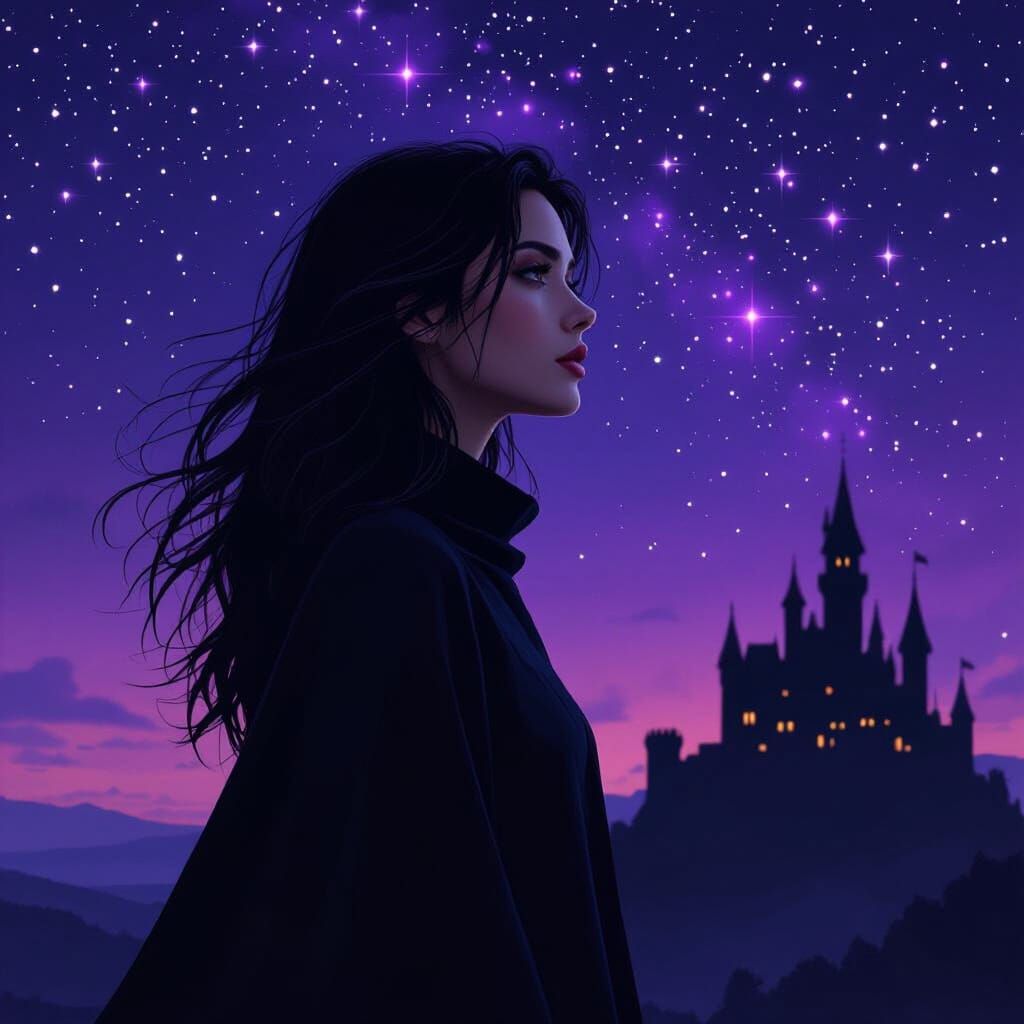 Woman Under Purple Starry Sky with Castle