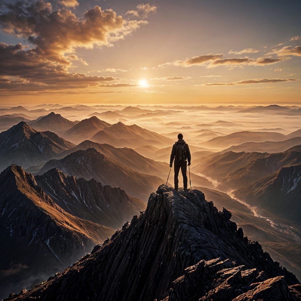 Silhouette on Precipitous Peak at Golden Hour