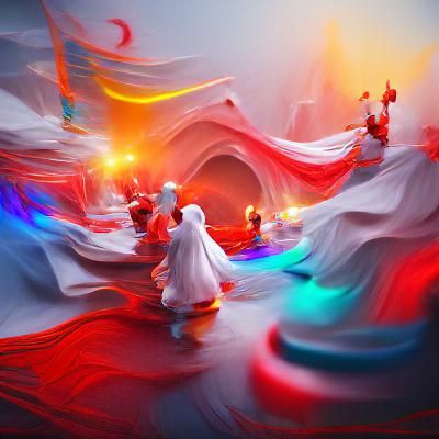 Sufis dancing with white overall and red long cap in defused...
