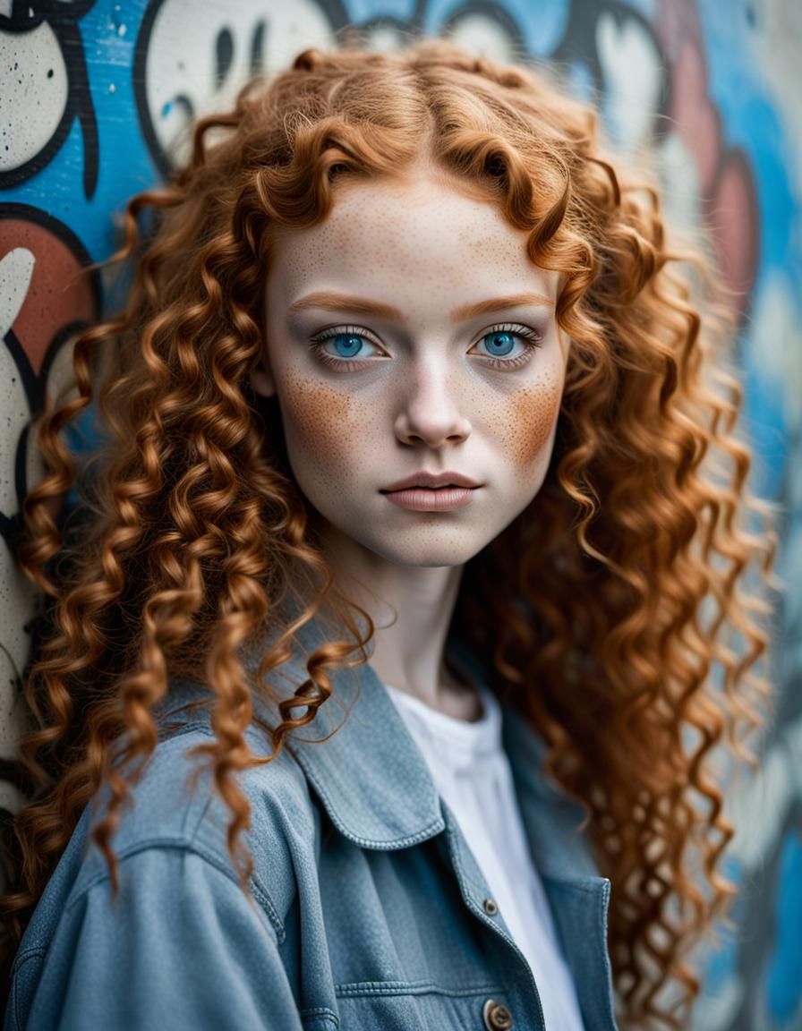 a ginger young girl posing, with long curly hair, big macro ...