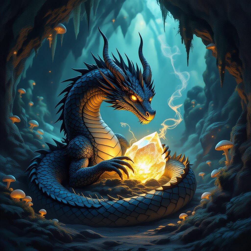 A majestic, ancient dragon with scales like polished obsidian, coiled around a glowing, ethereal crystal in a cavern filled with bioluminesc...