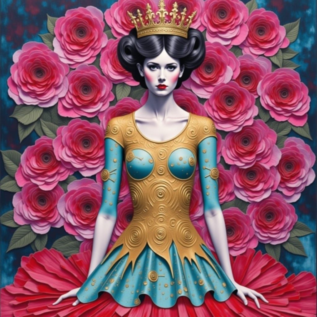 <lora:Funky:1.0> An oil painting dark art piece of a woman with a crown on her head and a gold Gustav Klimt motif swirl pattern covering her...