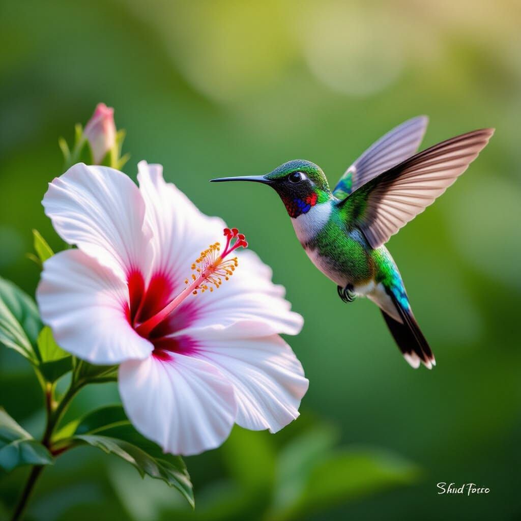 Hummingbird and Hibiscus in Soft Morning Light