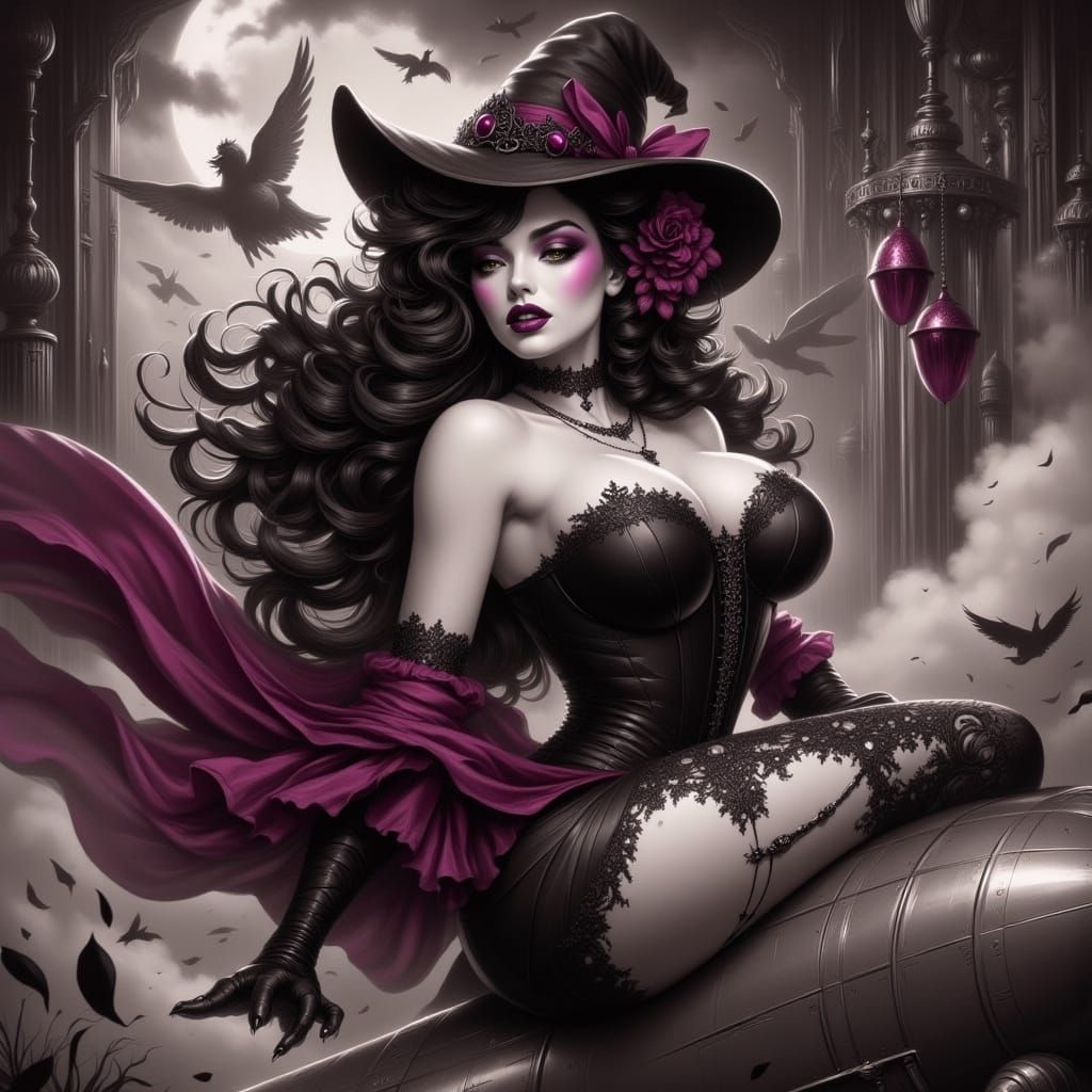 Gothic Pin-Up Witch Rides a Rocket in Color Pop Style