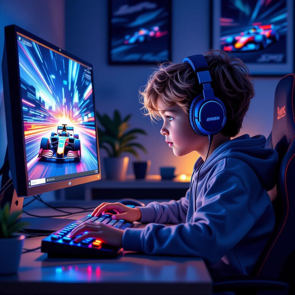 Boy Plays Racing Game in Dimly Lit Room