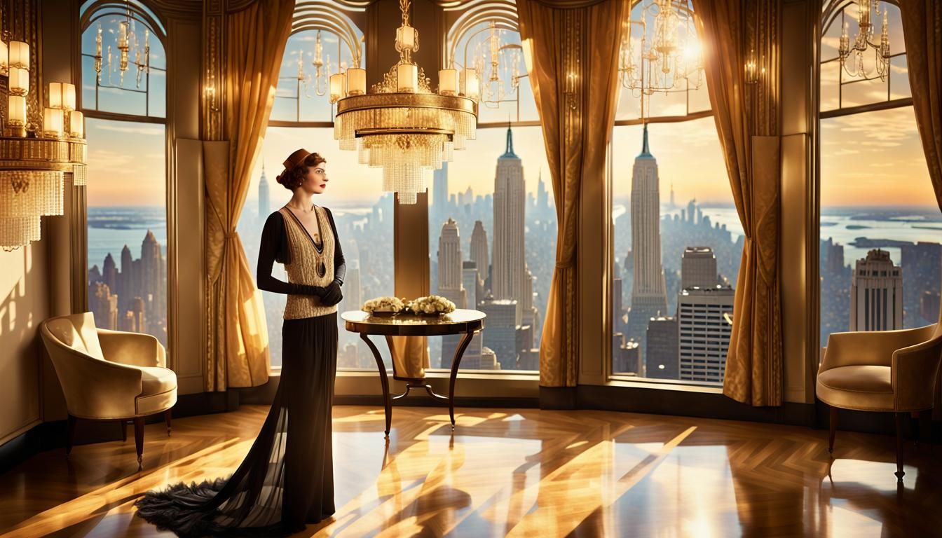 Une belle femme au milieu d'une pièce avec vue sur New-york le tout en art déco 1920 1930 Shot with Sony ...  by @Biboo