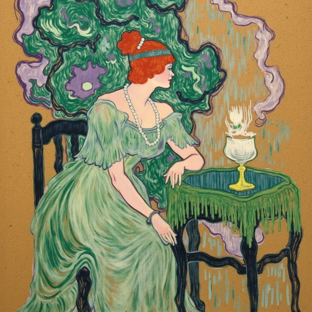 A oil pastel sketch of Nintendo's Kirby character dressed as a flapper girl and drinking absinthe. centered in frame Done in the style of<lo...