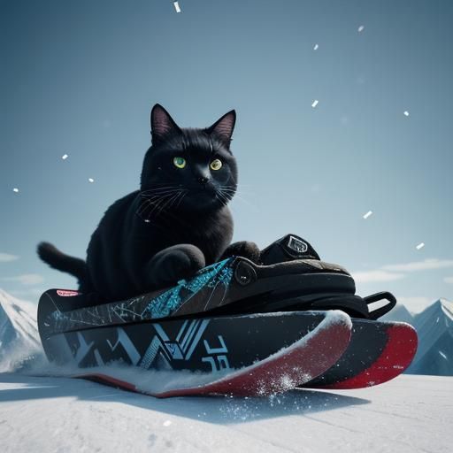 Black Cat Snowboarding in Sunny Winter Landscape