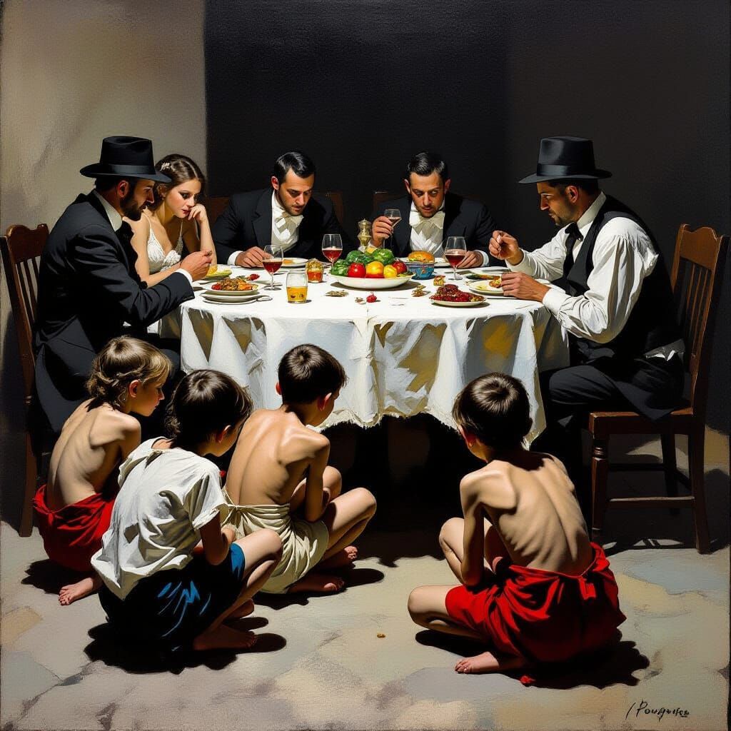 Poor, starving children sit on the floor. They watch rich men sit at a table, eating.