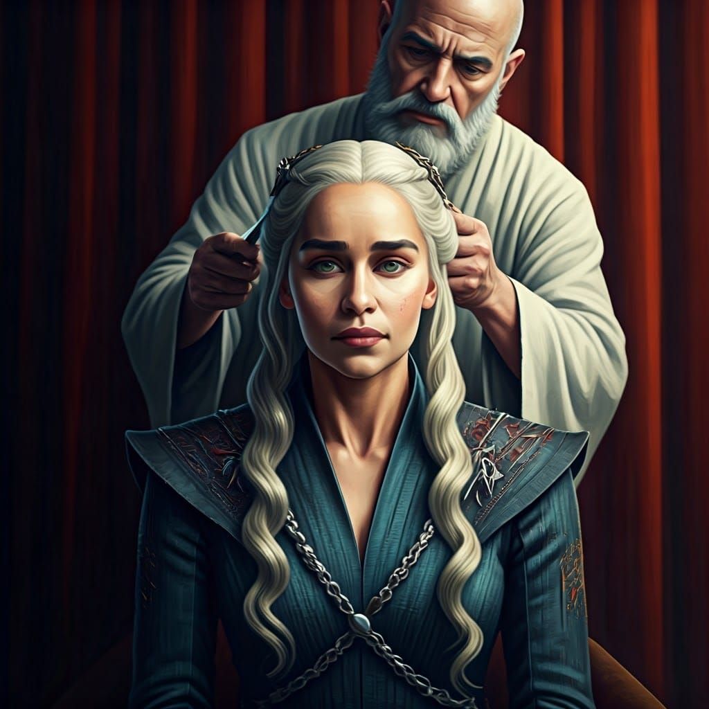 Regal Queen Daenerys Sits Bald and Unyielding in a Throne