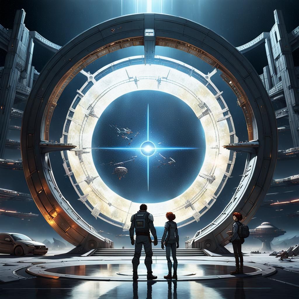 a painting of a man and a woman standing in front of a giant circular object, an old stars gate, ringworld, stunning sci-fi concept art, ani...