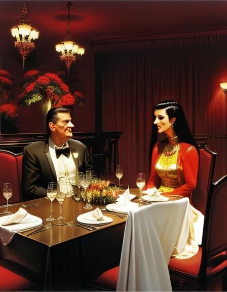 Two aliens on a date in a fancy restaurant.