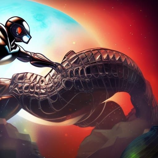 Chrome Superhero battles Silver Monster on a moon of Saturn
