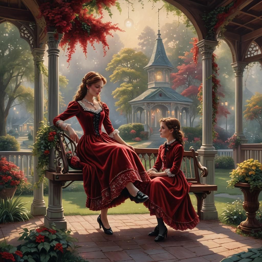 A girl in a Victorian style red velvet dress, sitting on a p...