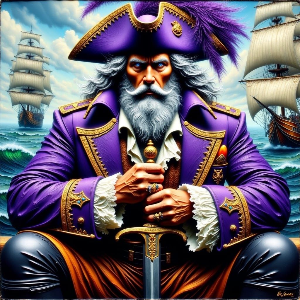 <lora:EncausticTextures:1.0> Vivid encaustic painting with thick layers of textured paint of a fierce pirate captain in a detailed, ornate o...