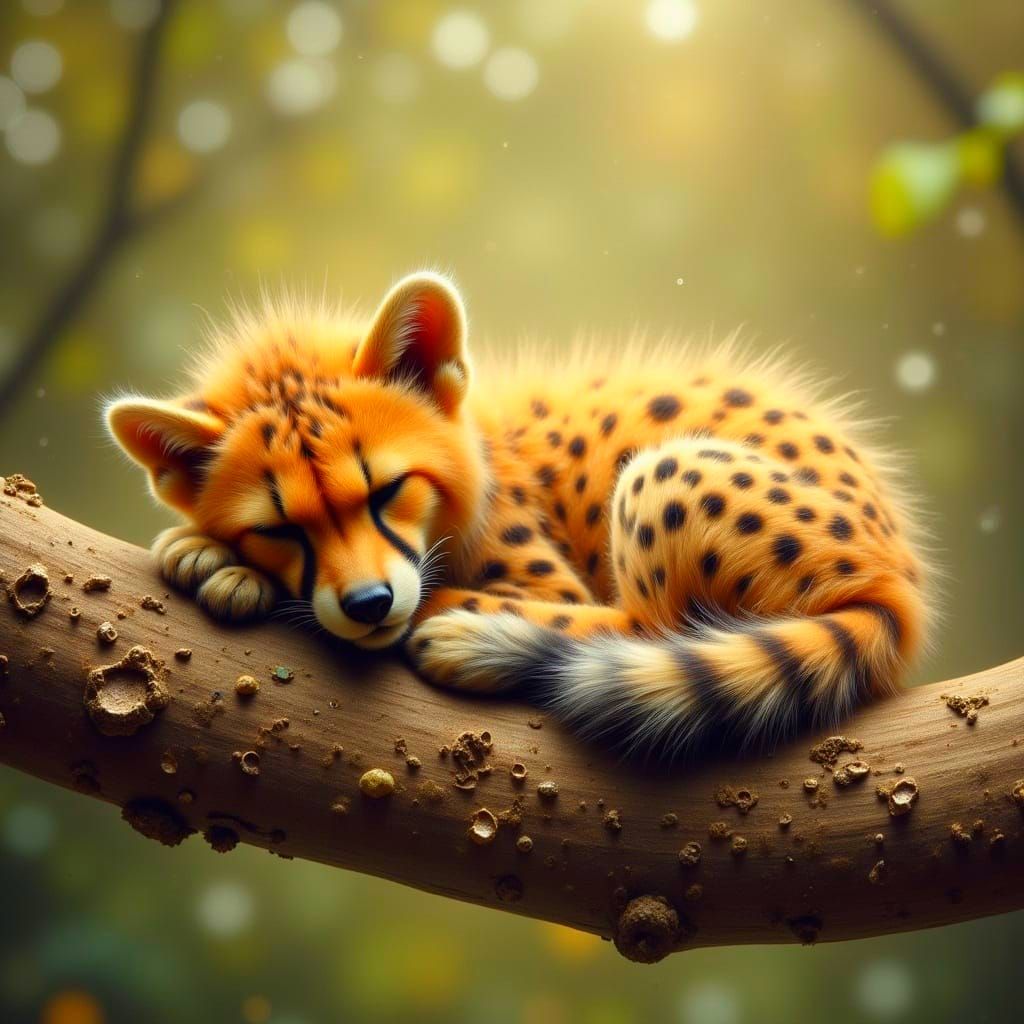 Peaceful Cheetah Cub Sleeps on Tree Branch in Dreamy Style