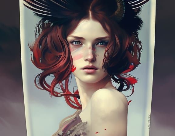 Extremely detailed strong pretty female with feathers in red-brown hair