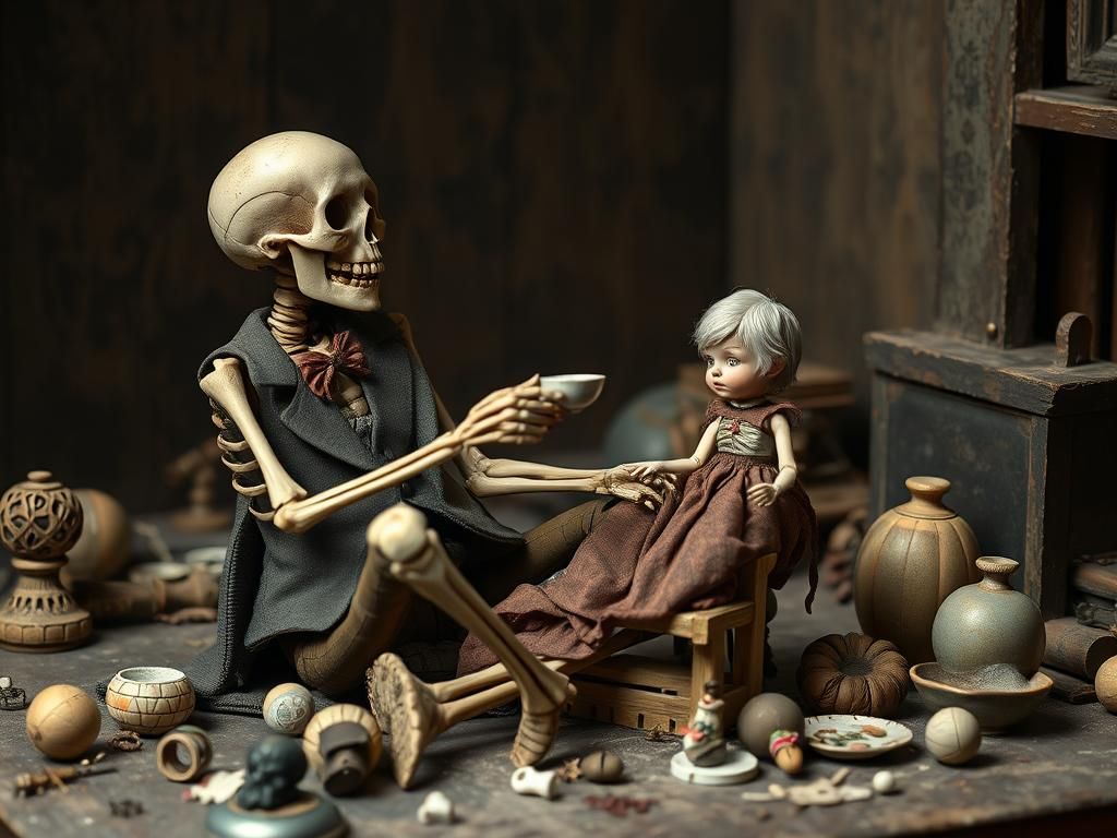 skeleton tea party with a doll