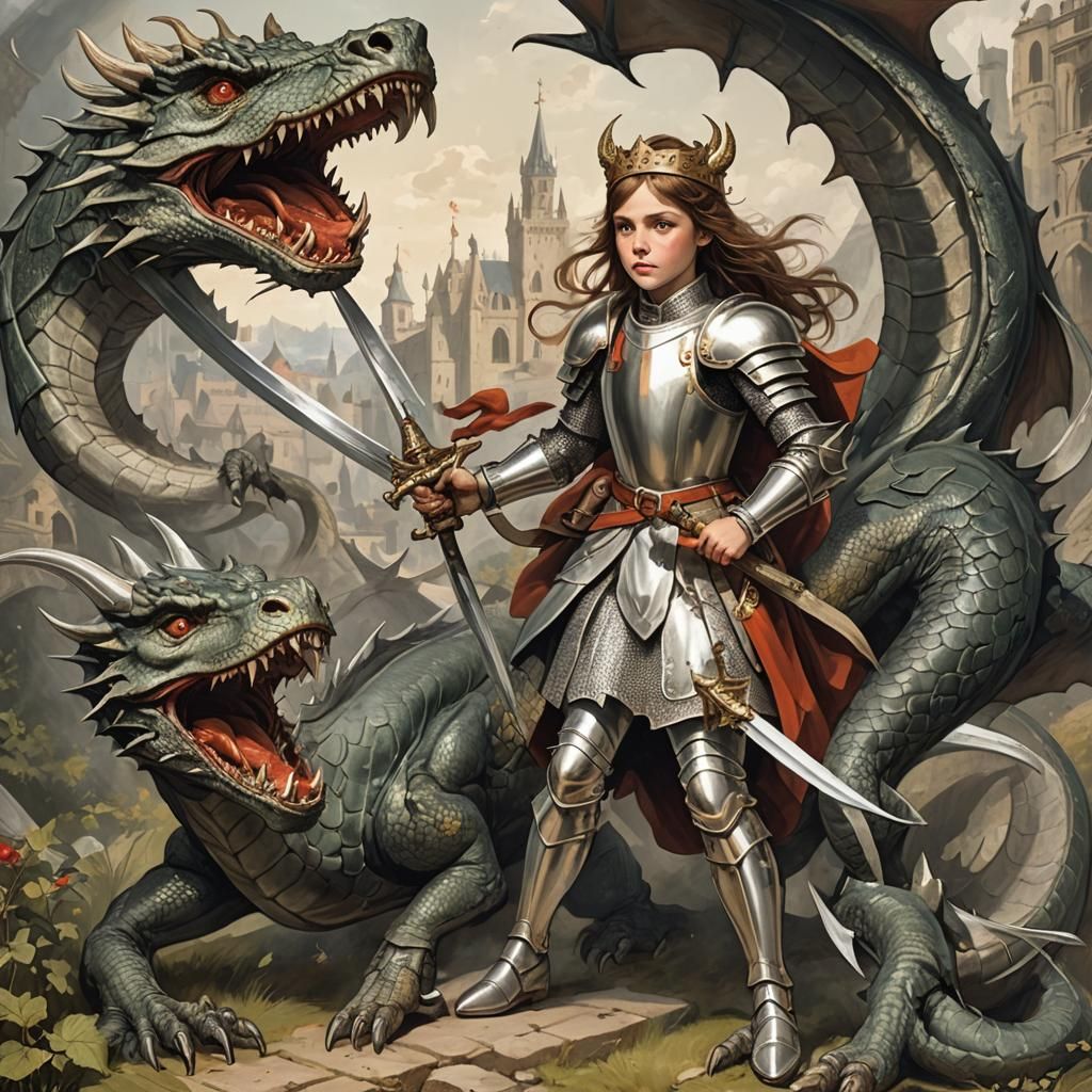 A young female knight slaying the dragon - AI Generated Artwork ...