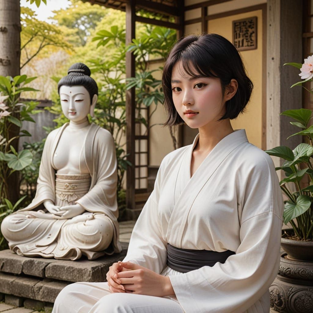 Realistic Anime Goddess in Serene Japanese Garden