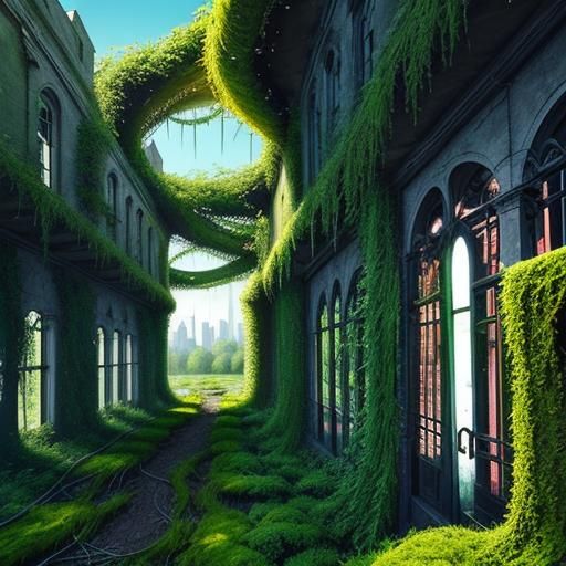 Overgrown city covered in vines and moss
