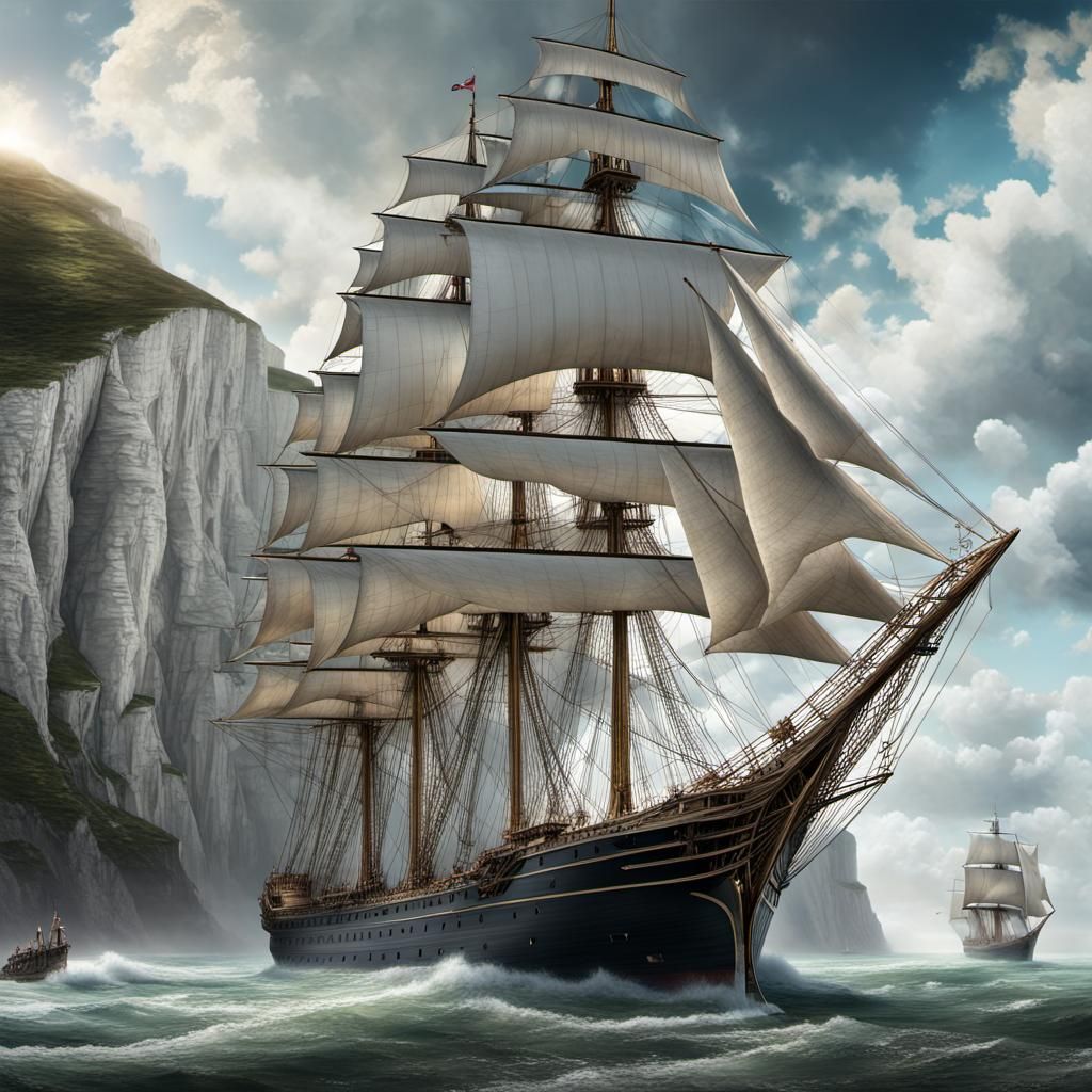 A 4 masted sailing ship ,the White Cliffs of Dover