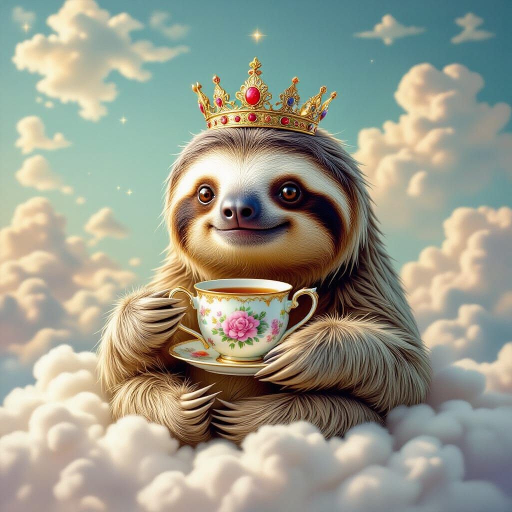 Sloths. A whimsical, photorealistic sloth wearing a tiny, ornate crown, sipping tea from a miniature, intricate teapot while perched on a cl...